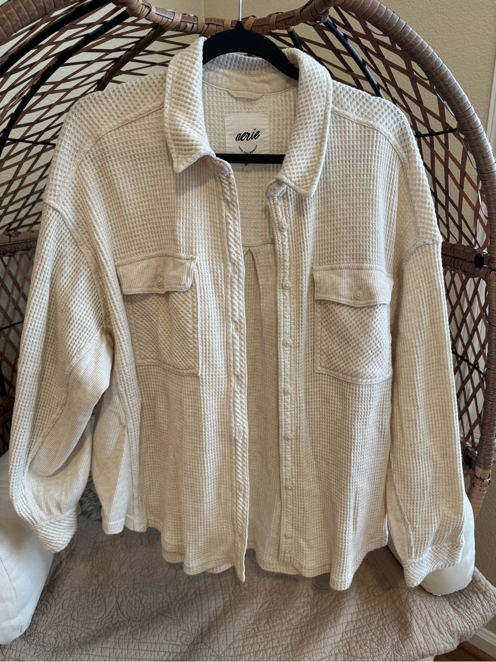 Aerie Lumberjane Waffle Button Down Shirt Cream Large